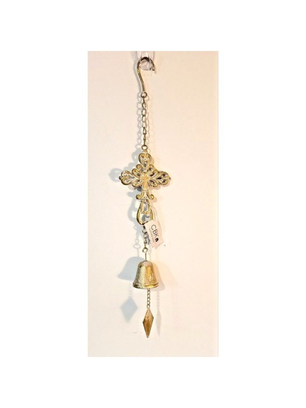 Cast Iron Fleur de Lis Cross w/ Hanging Bell Wind Chime 22" CBK Ganz w/tag